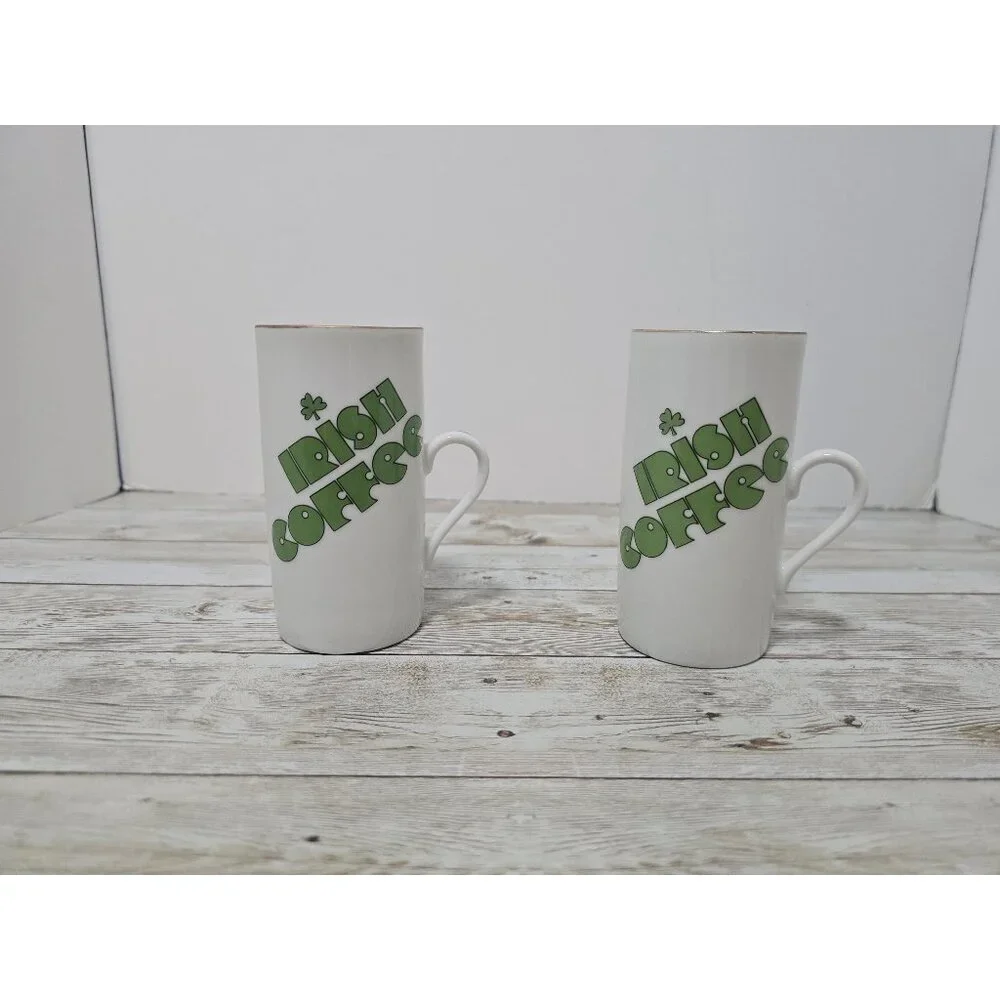Set of two vintage Irish Coffee mugs with shamrock‎ details and recipe